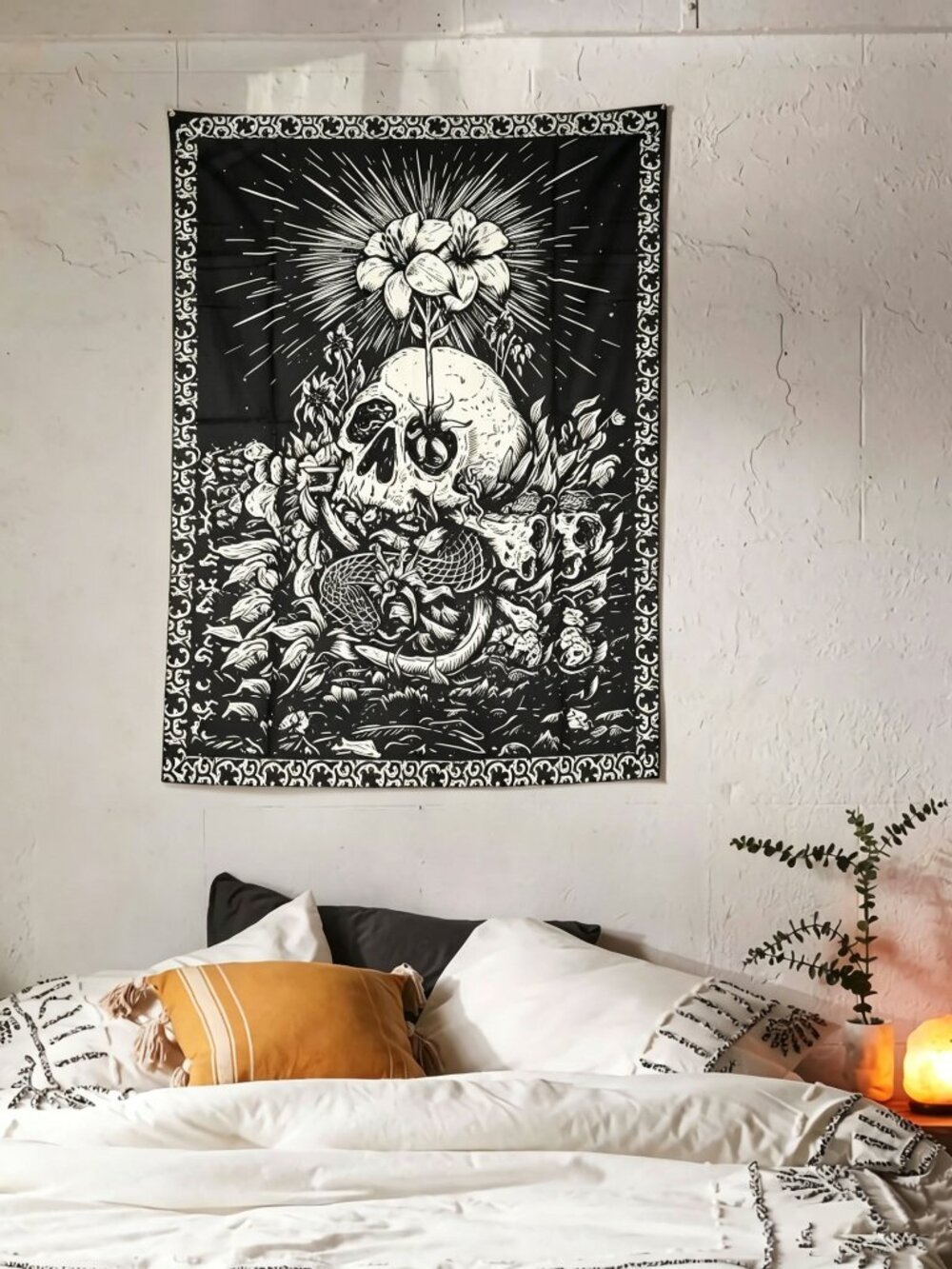 35x48 Inch Vintage Gothic Skull Flower Moth Botanical Wall Tapestry